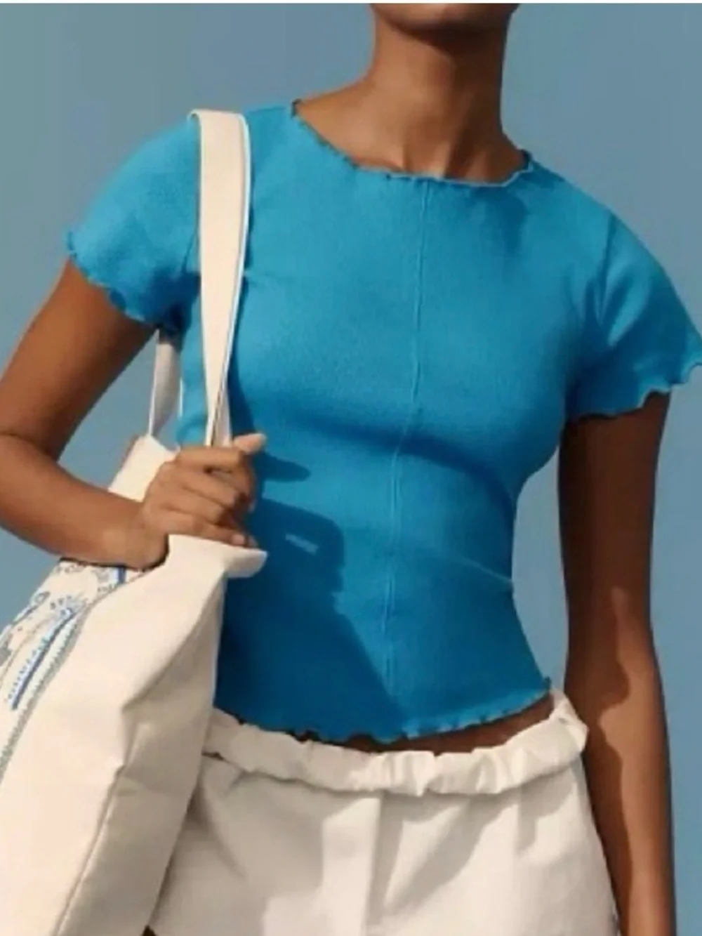 Pilcro Bright Turquoise Ribbed Lettuce-Edge Short Sleeve Top - Picture 1 of 3